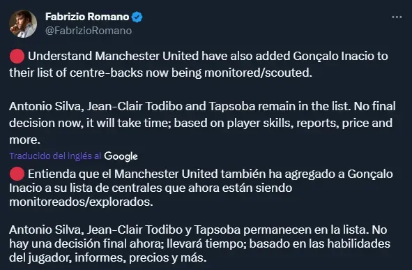 Romano informó los cuatro defensores que sigue Manchester United (Twitter @FabrizioRomano).