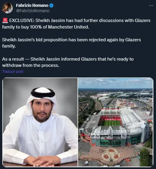 Sheikh Jassim retiró su oferta para comprar al Manchester United (Twitter @FabrizioRomano).