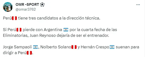 Información del periodista deportivo Omar, sobre el futuro de Juan Reynoso en la Selección Peruana.