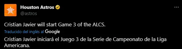 Abridor de Astros para el Juego 3 vs Rangers. (Foto: X / @astros)