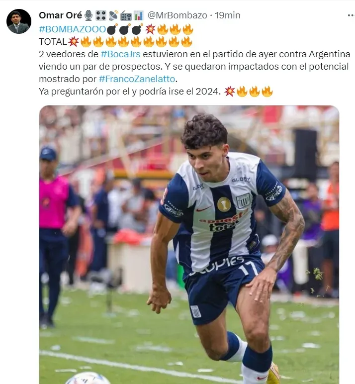 Periodista Omar Oré explicó que Franco Zanelatto es seguido por Boca Juniors. | Créditos: Twitter Omar Oré.