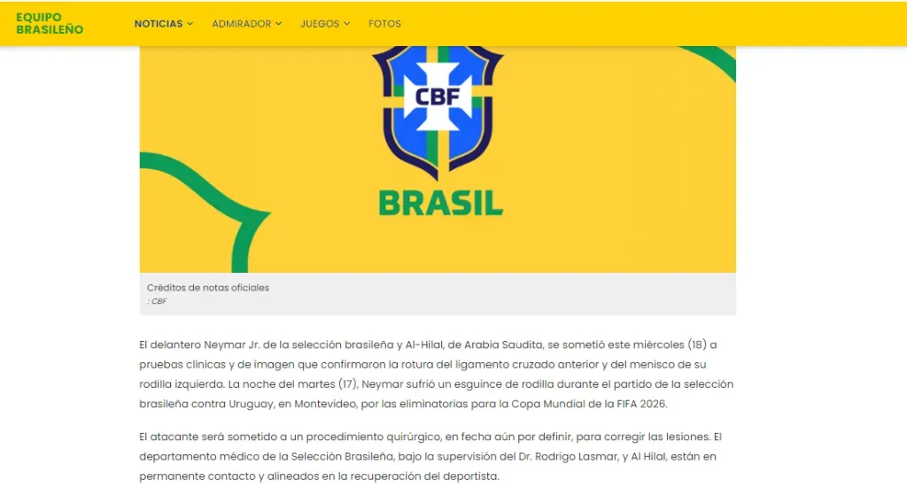 Comunicado oficial de la CBF sobre el estado de Neymar (Sitio web de la CBF).