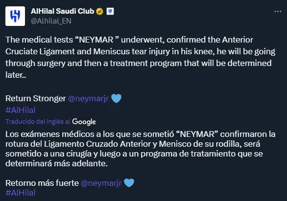El comunicado de Al Hilal confirmando la grave lesión de Neymar (Twitter @Alhilal_EN).