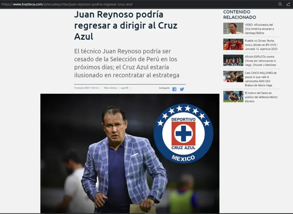 Azteca Deportes pone a Juan Reynoso en Cruz Azul. (Foto: Azteca Deportes).