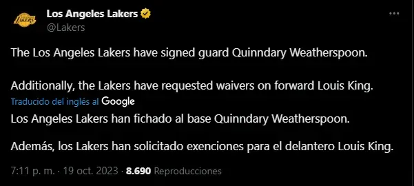 Lakers firma a exjugador de los Warriors. (Foto: X / @Lakers)