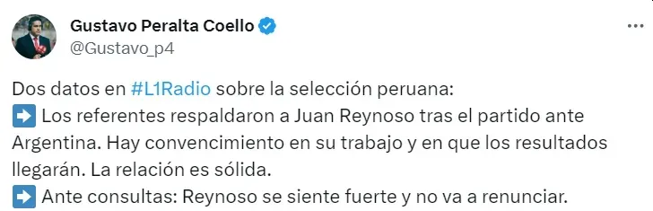 Gustavo Peralta reveló la actualidad de Juan Reynoso en la Selección Peruana. | Créditos: Twitter Gustavo Peralta.