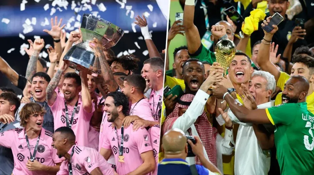 De un lado, Lionel Messi campeón de la Leagues Cup con el Inter Miami. Del otro, Cristiano Ronaldo campeón de la Copa de Campeones de Clubes Árabes con el Al Nassr. Getty Images.