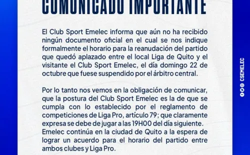 Este fue el comunicado de Emelec tras la reprogramación del partido ante Liga de Quito. (FOTO: @ClubSportEmelec)