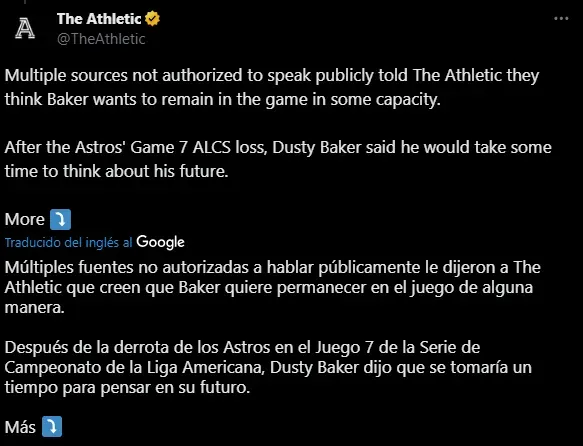 Dusty Baker se retiraría de la MLB. (Foto: X / @TheAthletic)