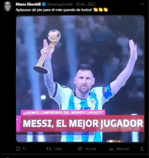 Manu reacciona al título de Argentina en Qatar 2022. (Foto: X / @manuginobili)