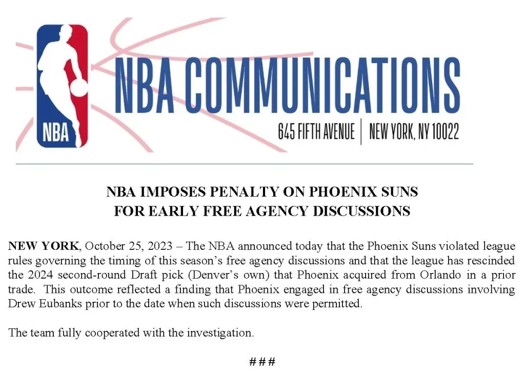 Sanción de la NBA a los Suns. (Foto: X / @NBAPR)