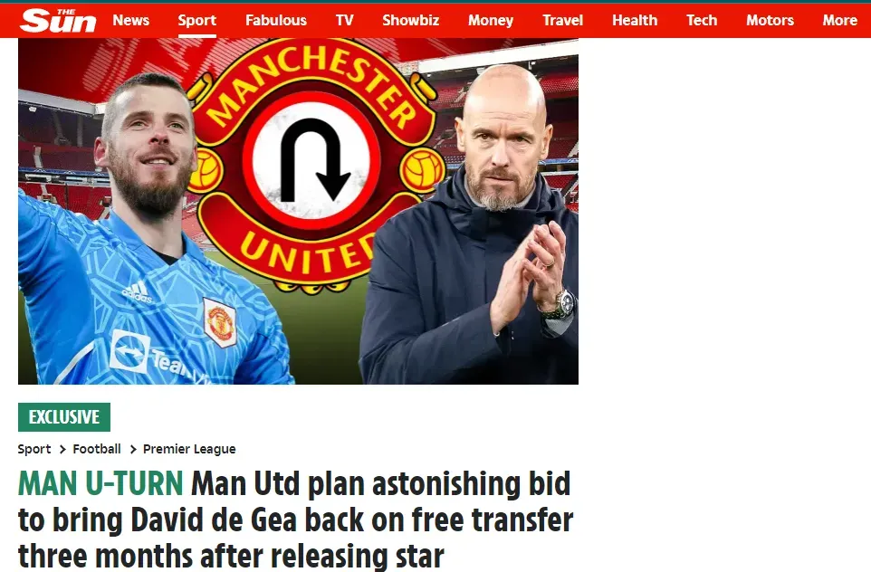 Portada de la nota de The Sun sobre la posible vuelta de De Gea a Manchester United (The Sun).