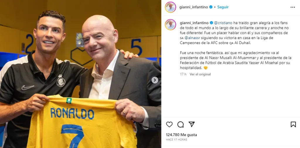 Infantino junto a Cristiano Ronaldo (Instagram @gianni_infantino).