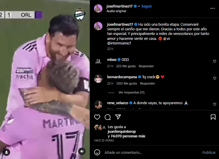Mensaje de Martínez a Inter Miami. (Foto: Instagram / @josefmartinez17)
