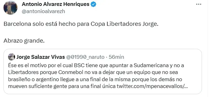 Esta fue la respuesta del candidato a la presidencia por Barcelona SC. (Captura de pantalla: @antonioalvarezh)