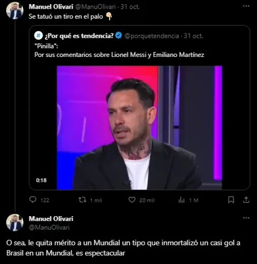 Le responden a Pinilla por hablar de Messi y el Balón de Oro. (Foto: X / @ManuOlivari)