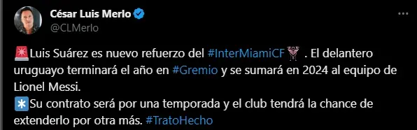 Luis Suárez sería nuevo refuerzo de Inter Miami. (Foto: X / @CLMerlo)