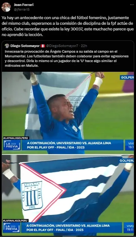 Jean Ferrari señala como provocador a Ángelo Campos. (Foto: Twitter).