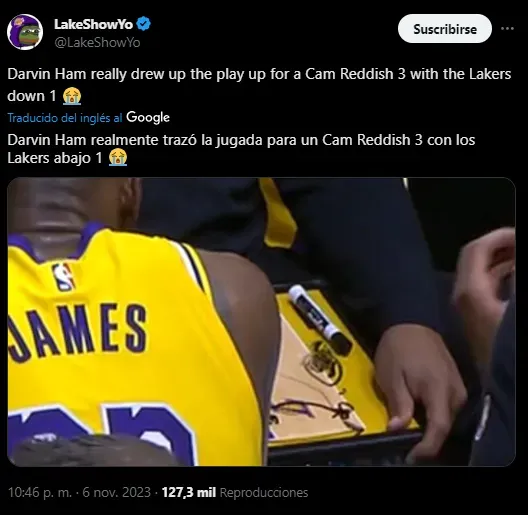 El polémico diseño de jugada de Ham en Lakers vs Heat. (Foto: X / @LakeShowYo)