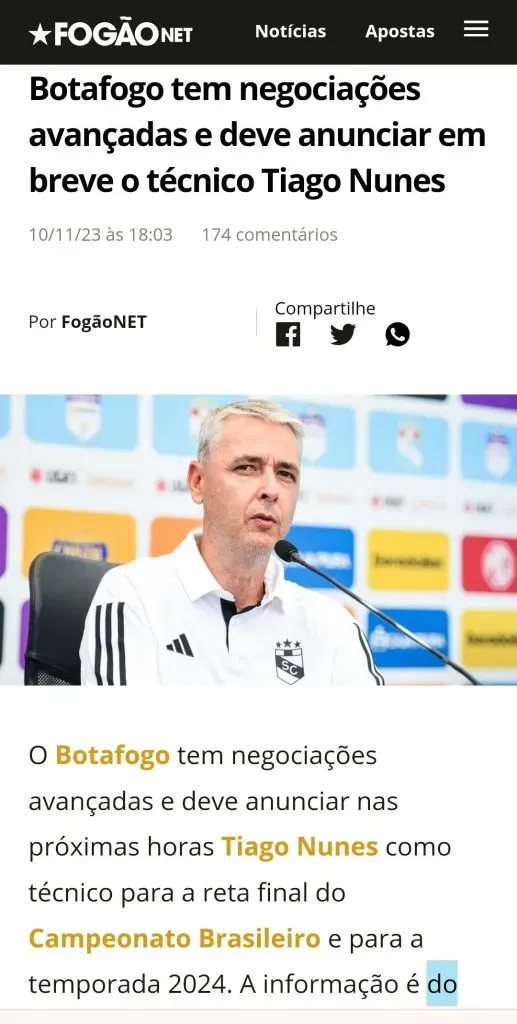 Tiago Nunes continuaría su carrera en el Fogao. (Foto: FogaoNet).