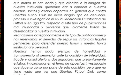 Este fue el comunicado de Libertad FC en sus redes sociales. (Foto: @LibertadFC3)