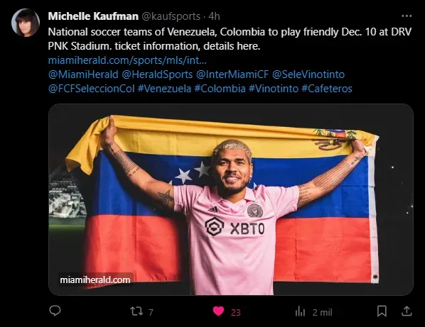 Venezuela jugará vs. Colombia un partido amistoso en Miami. (Foto: X / @kaufsports)