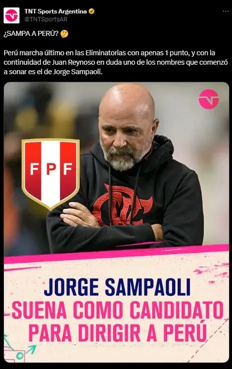 Jorge Sampaoli sería la carta principal para Perú, (Foto: Twitter).