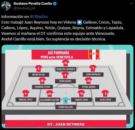 Gustavo Peralta informa el once titular de Perú. (Foto: Twitter).