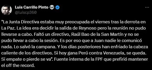 Luis Carrillo Pinto explica por qué aún no botaron a Juan Reynoso. (Foto: Twitter).