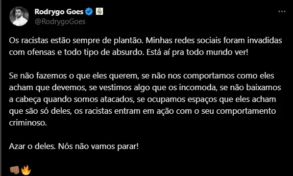 Denuncia de Rodrygo en redes. (Foto: x / @RodrygoGoes)