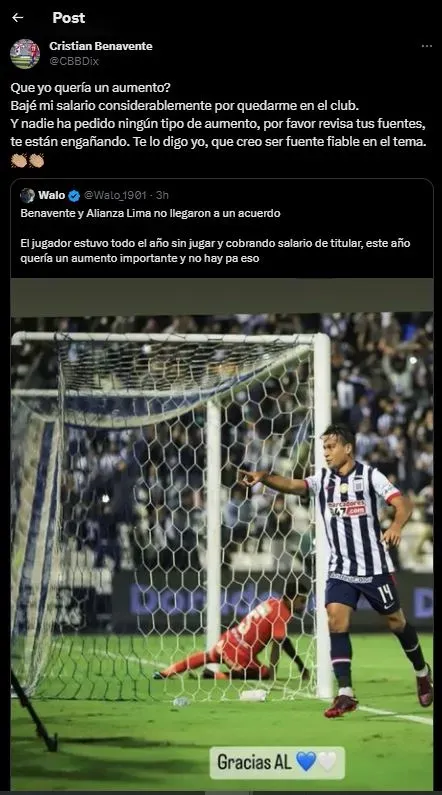 Cristian Benavente contestó al hincha. (Foto: Twitter).