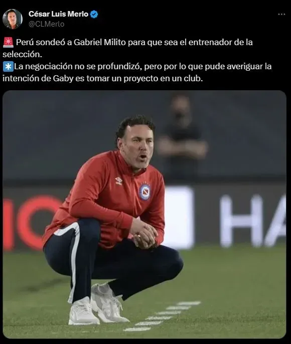 Última información sobre Gabriel Milito y la Selección Peruana. (Foto: Twitter).