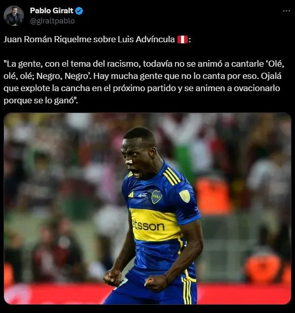Juan Román Riquelme elogió a Luis Advíncula. (Foto: Twitter).
