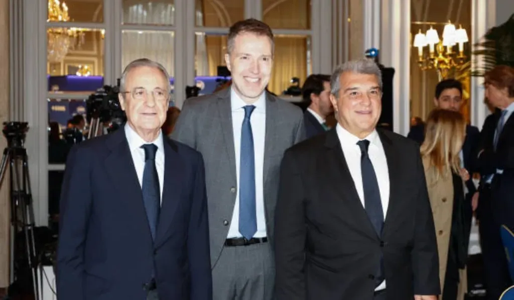 Bernd Reichart (CEO Superliga), Florentino Pérez y Joan Laporta: Getty Images