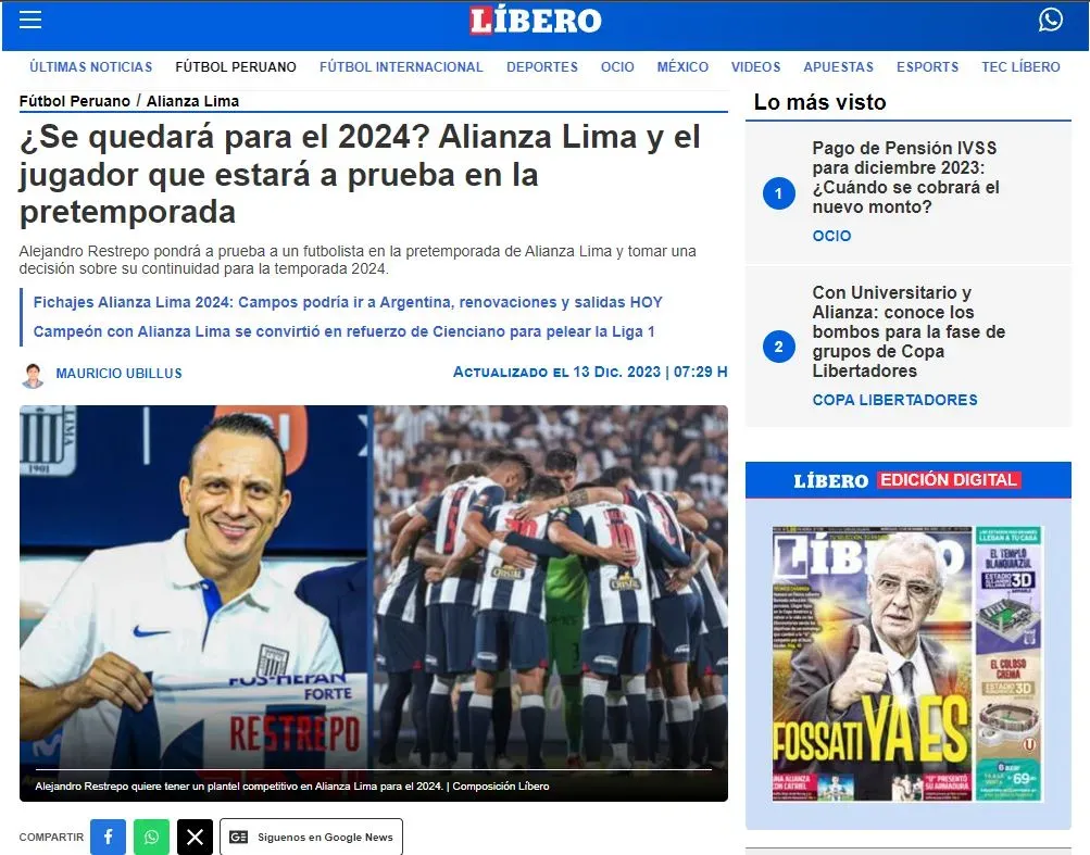 Información reciente sobre Piero Vivanco en Alianza Lima. (Foto: Diario Líbero).