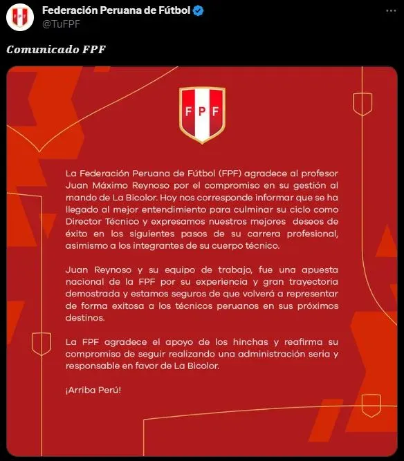Federación Peruana de Fútbol comunica la salida de Juan Reynoso. (Foto: FPF).