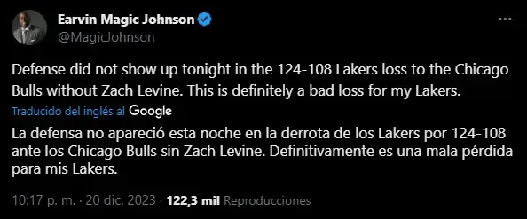 Mensaje de Magic sobre derrota de Lakers vs. Bulls. (Foto: X / @MagicJohnon)
