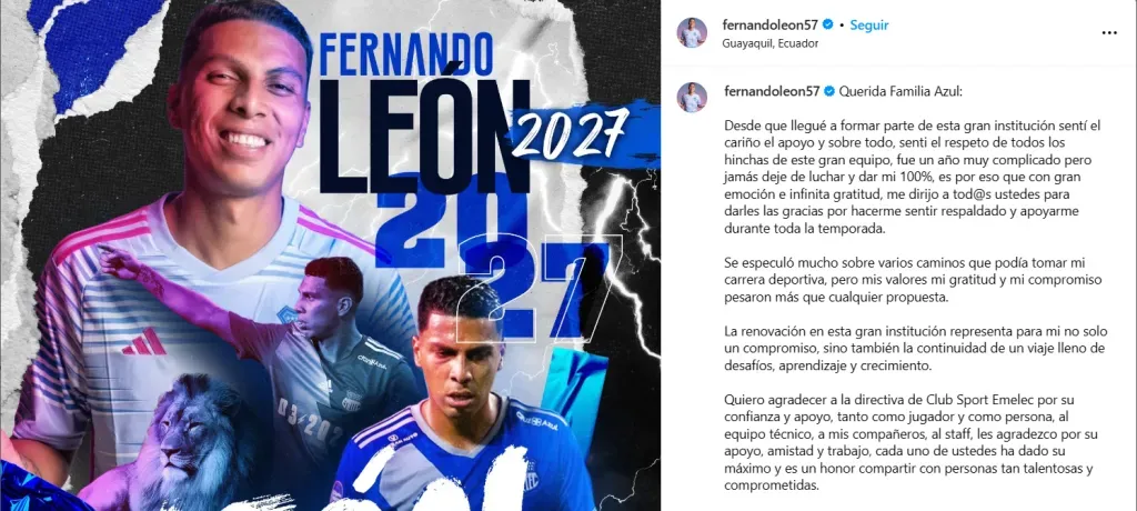 Con este posteo en redes sociales, Luis Fernando León habló de su continuidad en Emelec. (Captura de pantalla: @fernandoleon57)
