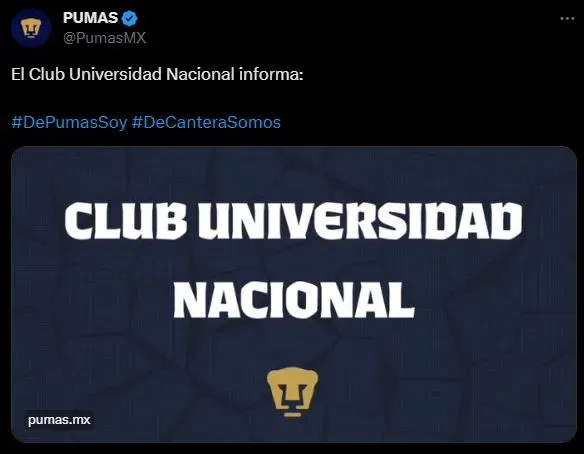 Pumas de la UNAM en su cuenta de Twitter avisa. (Foto: Twitter).