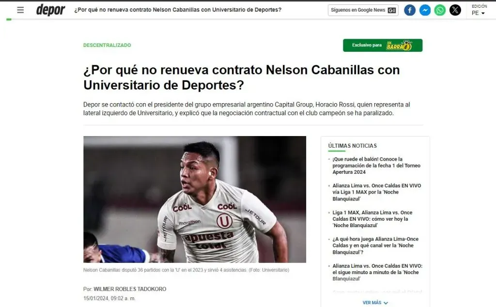 Actualidad de Nelson Cabanillas en Universitario. (Foto: Diario Depor).