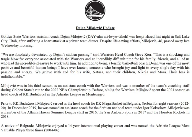 Falleció entrenador asistente de Warriors. (Foto: X / @WarriorsPR)