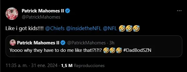 Mahomes por su mal estado físico. (Foto: X / @PatrickMahomes)