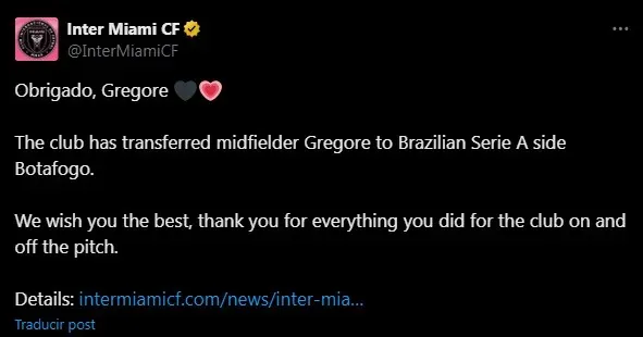 Inter Miami despidió a Gregore. (Foto: X  / @InterMiamiCF)