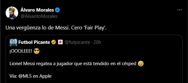 Acusación de Morales a Messi. (Foto: X / @AlvaritoMorales)