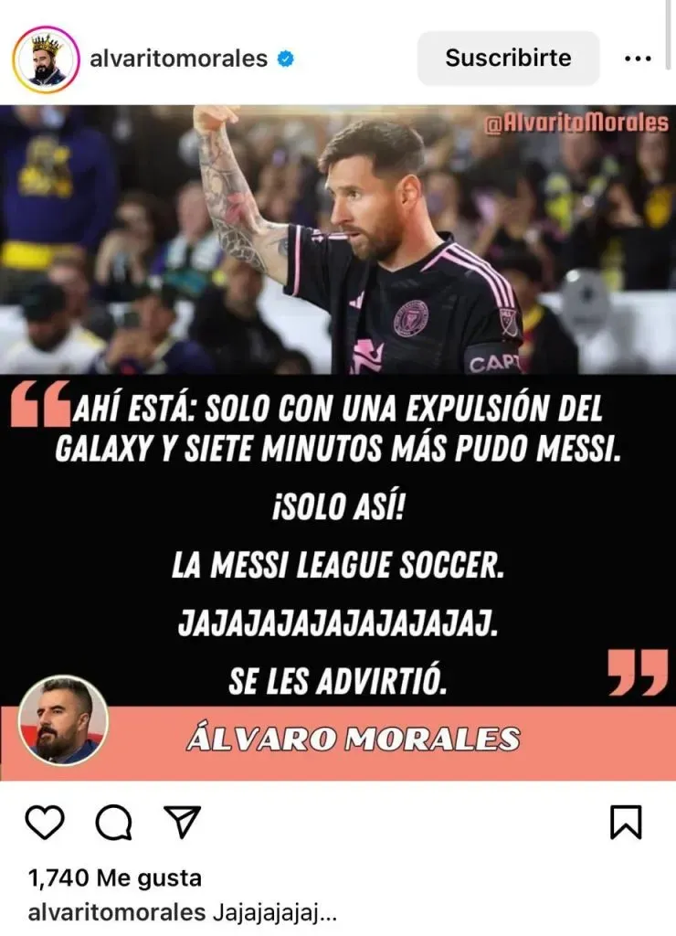 Historia de Morales para Messi. (Foto: Instagram/ @AlvaritoMorales)