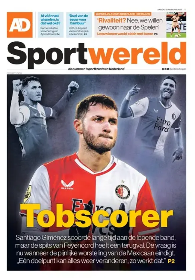La portada de Sportwereld de este martes 27 de febrero está dedicada a la ”crisis” de Santiago Giménez.