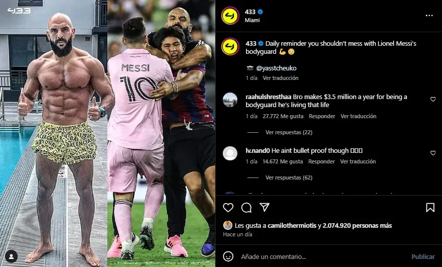 Advertencia sobre el guardaespaldas de Messi. (Foto: Instagram / @433)