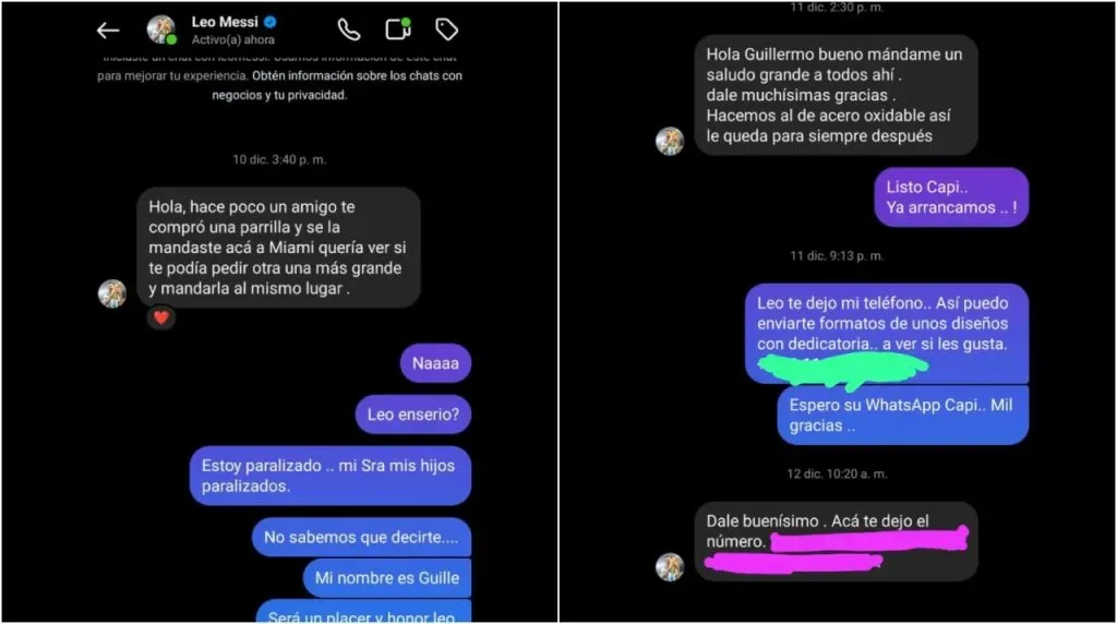 Los mensajes de Messi a Guillermo Fernández. (Foto: cortesía del entrevistado)