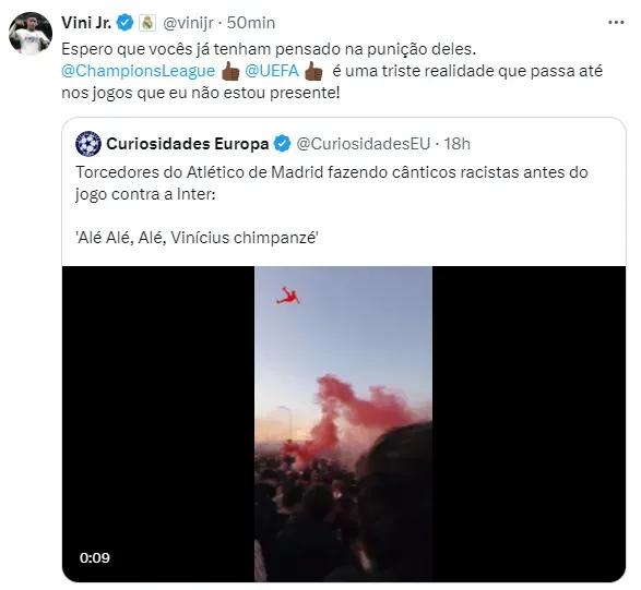 El tuit de Vinícius Júnior en el que arrobó a la UEFA.