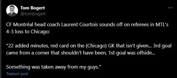 Denuncia del DT de CF Montréal. (Foto: X / @tombogert)